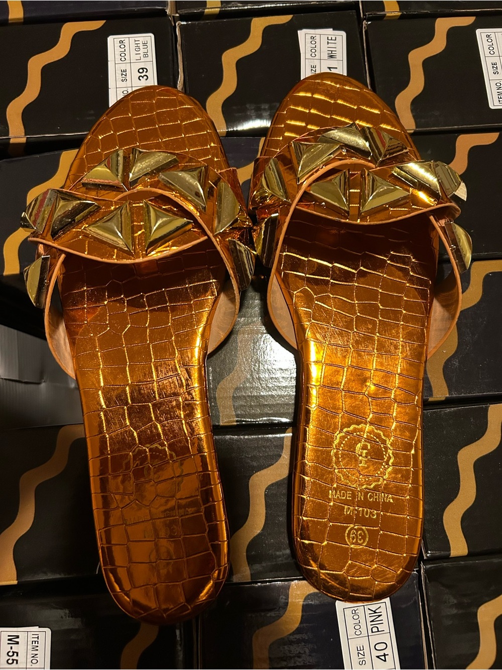 Gold-Accent Metallic Orange Slide Mules